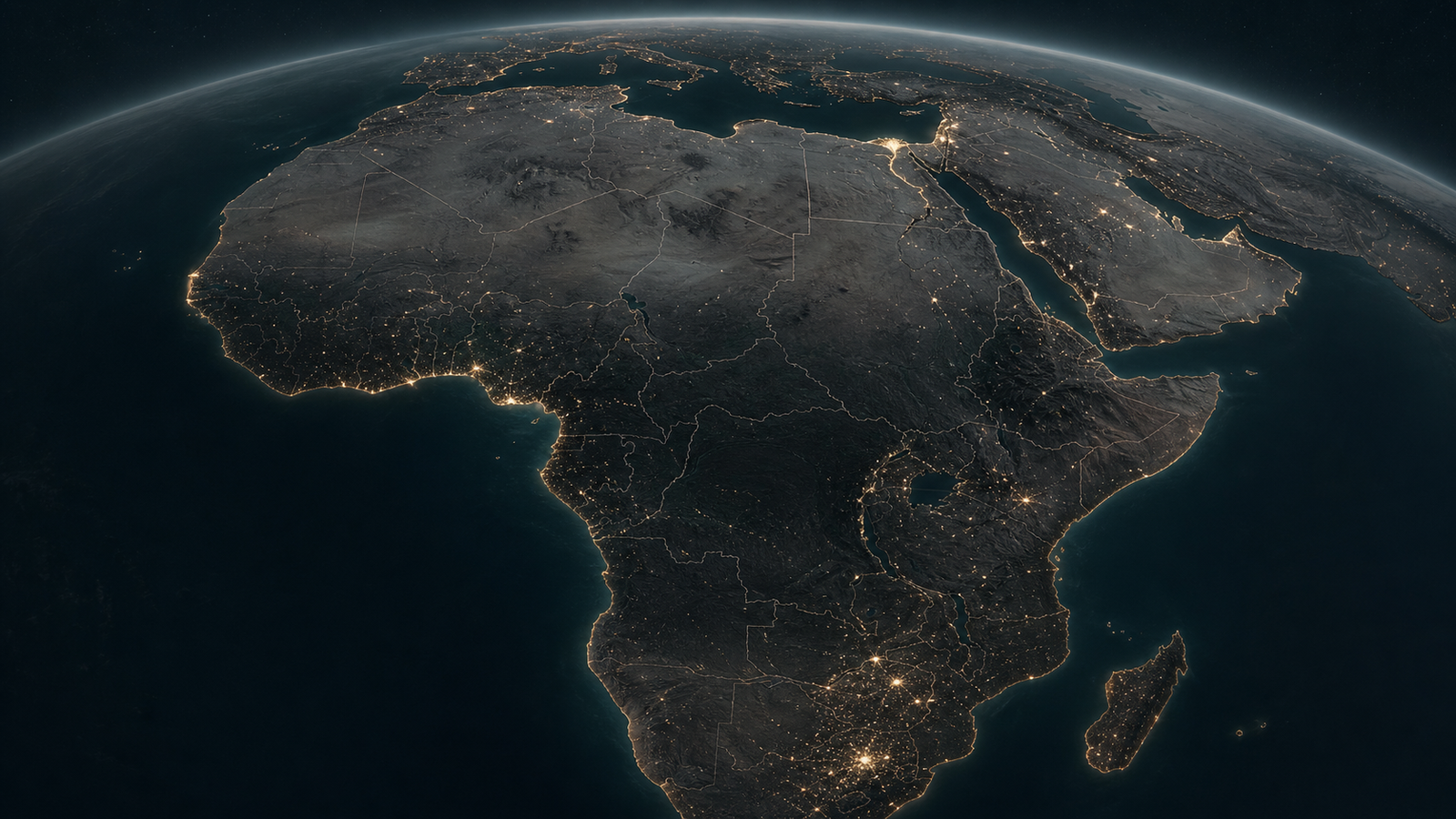 Illuminated night map of Africa with selected Omnigo logistics markets