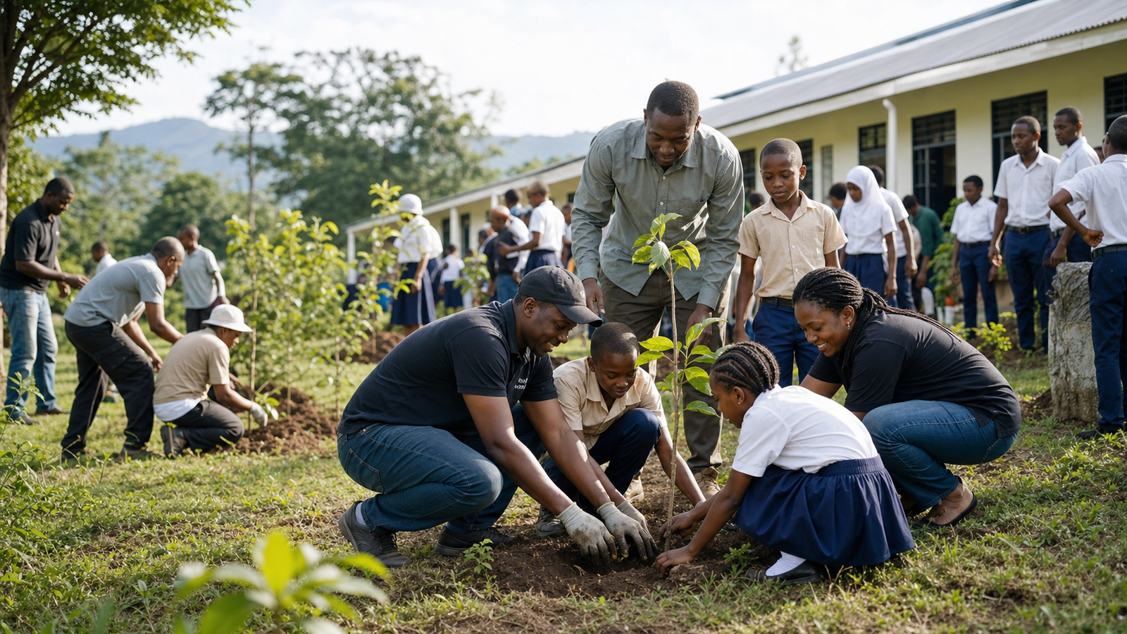 Community tree planting at a Tanzanian school